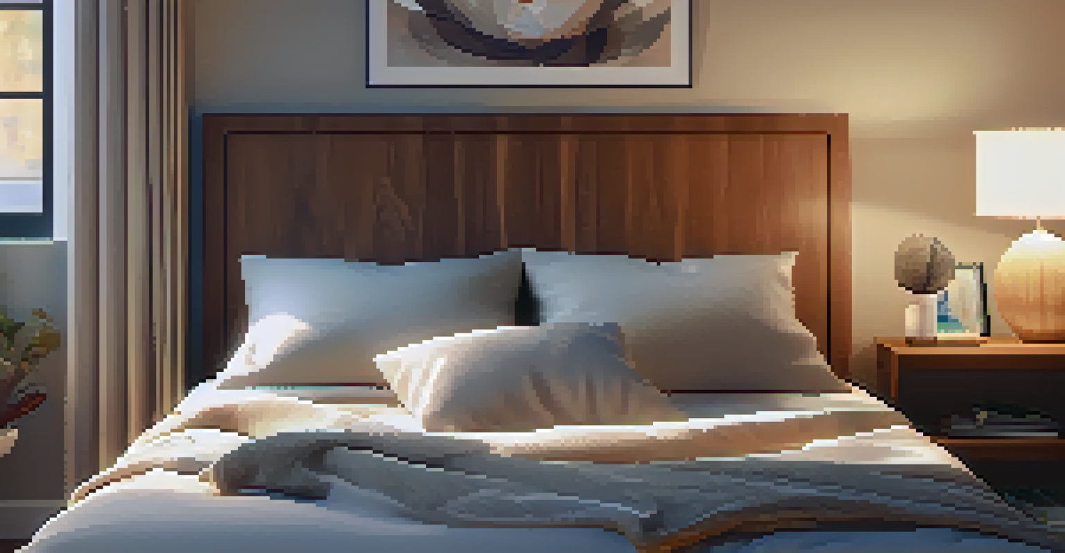 A serene bedroom with a comfortable bed, a bedside table with a book, and soft ambient lighting.