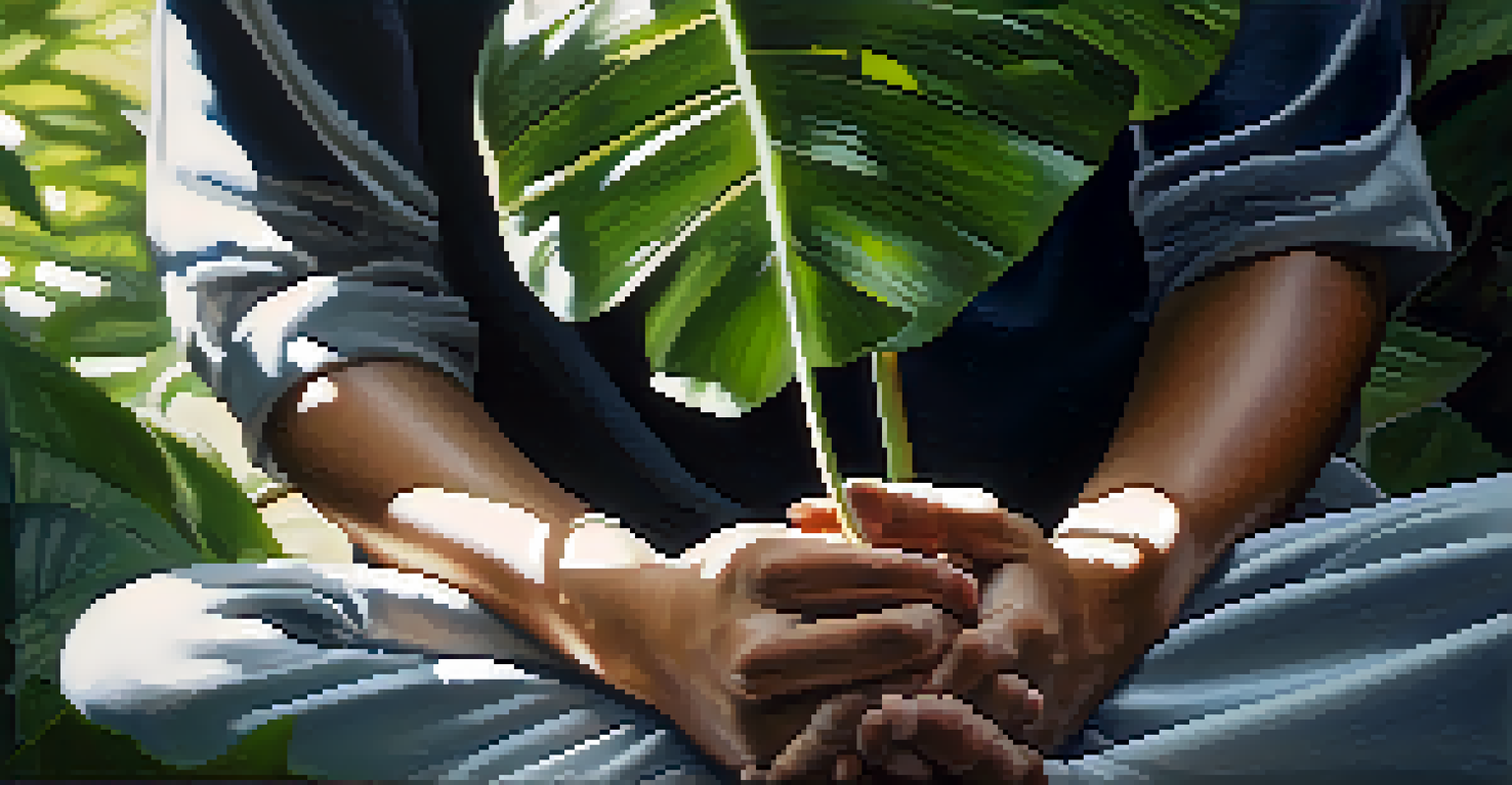Close-up of hands in a meditative pose, with sunlight filtering through leaves, surrounded by greenery.