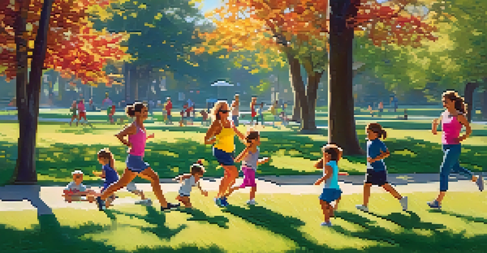 A family exercising together in a park, with parents leading the workout and children playing nearby, surrounded by greenery and sunlight.