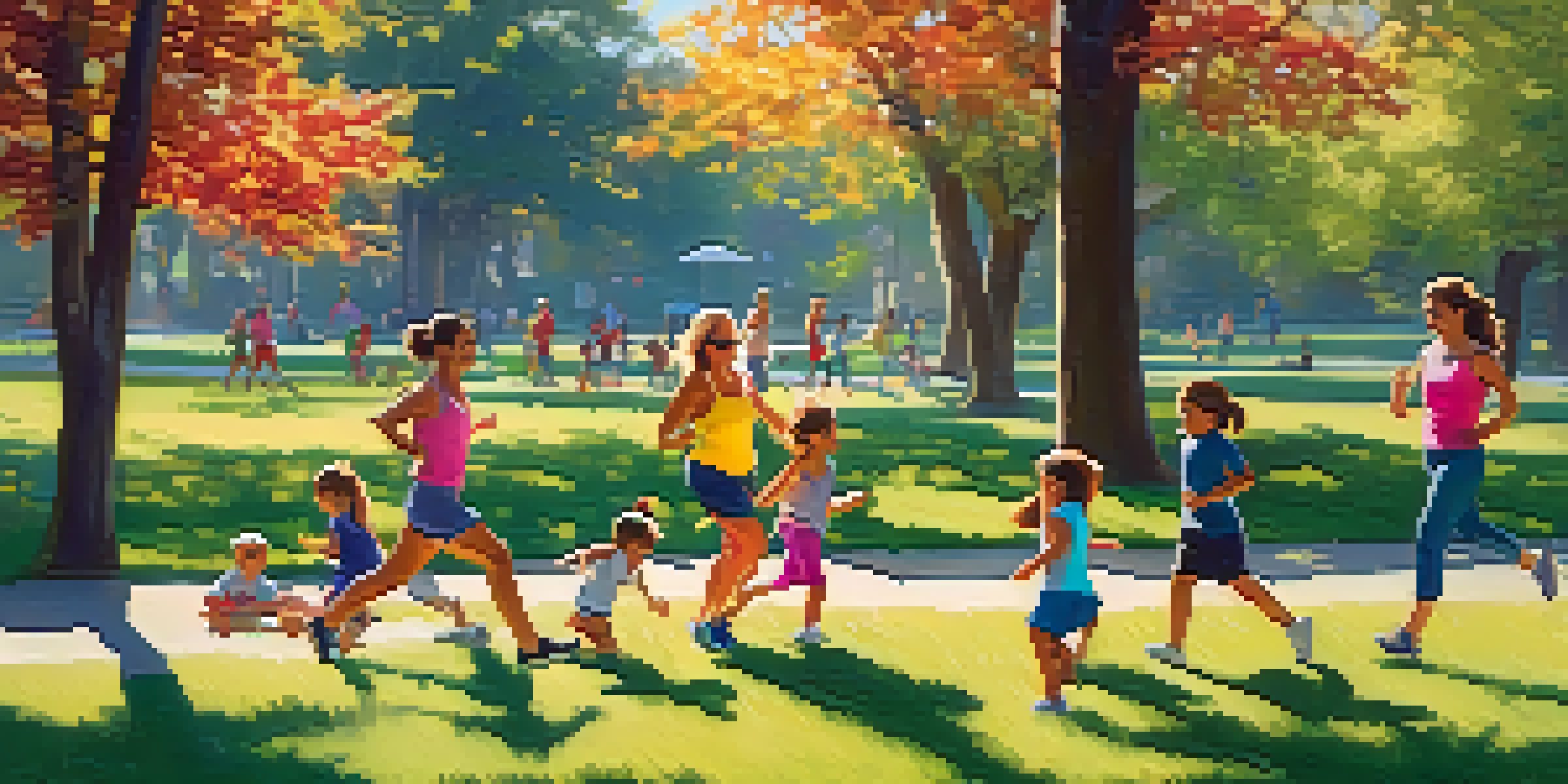 A family exercising together in a park, with parents leading the workout and children playing nearby, surrounded by greenery and sunlight.