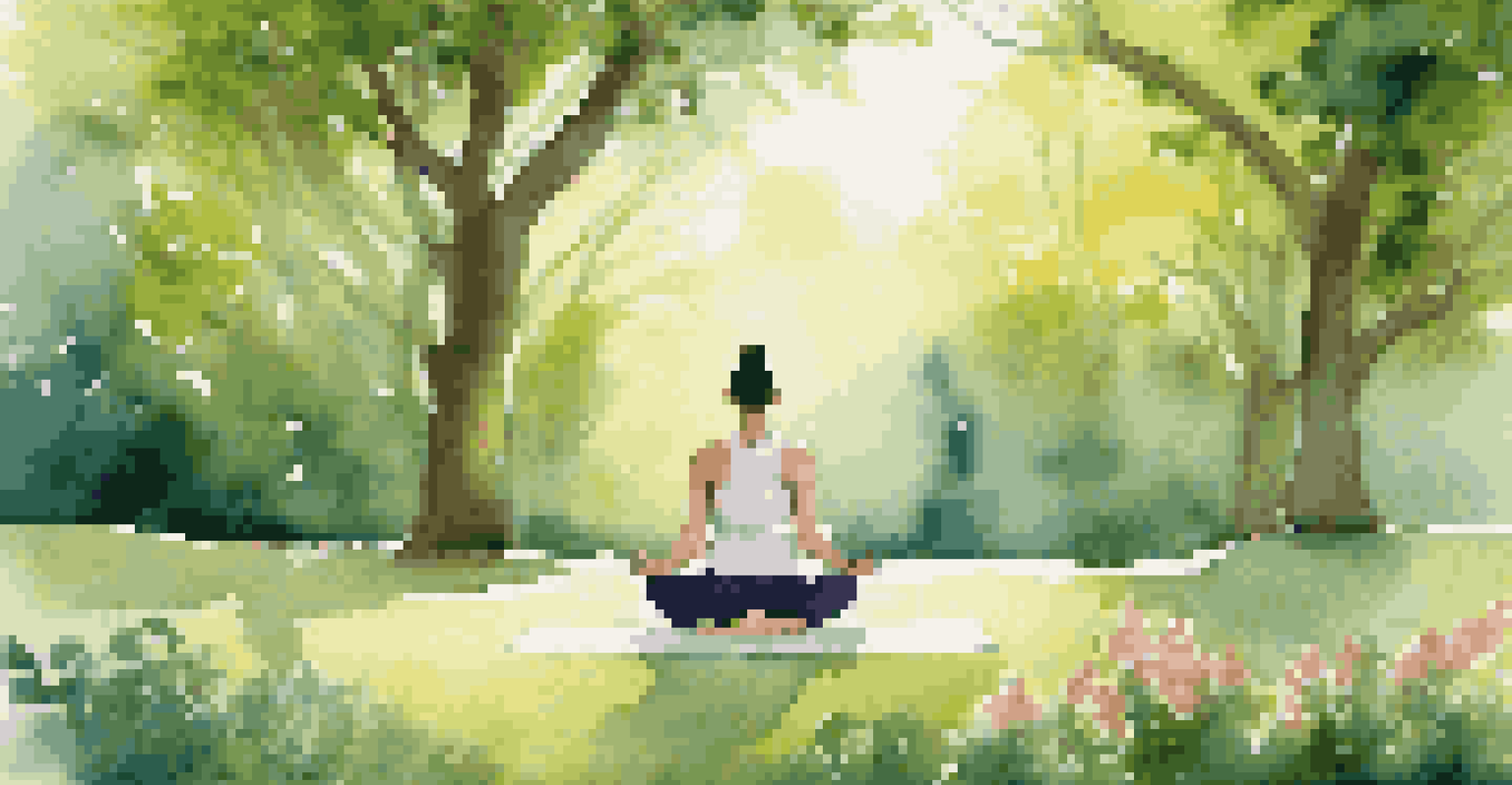 A person practicing yoga in a lush green park, surrounded by nature, with sunlight filtering through the trees, promoting wellness.