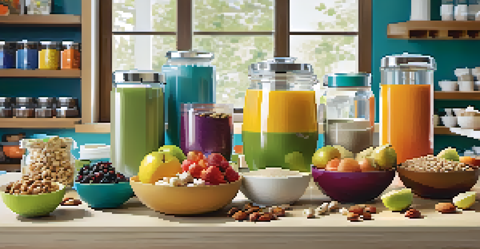 A vibrant nutrition station for athletes with various healthy foods and hydration options displayed on a table.