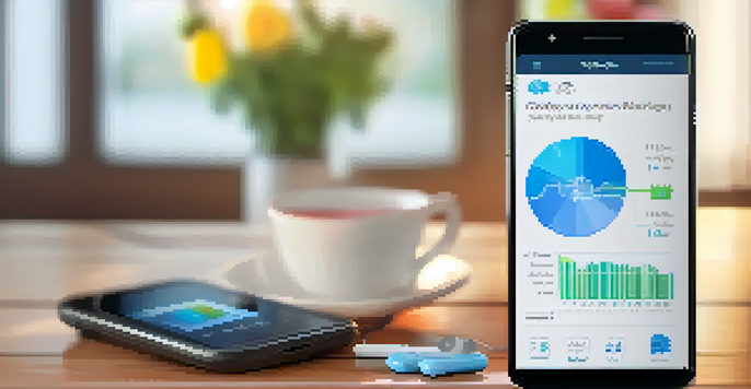A smartphone screen showing a diabetes management app with colorful graphs, set in a cozy home environment with natural light.
