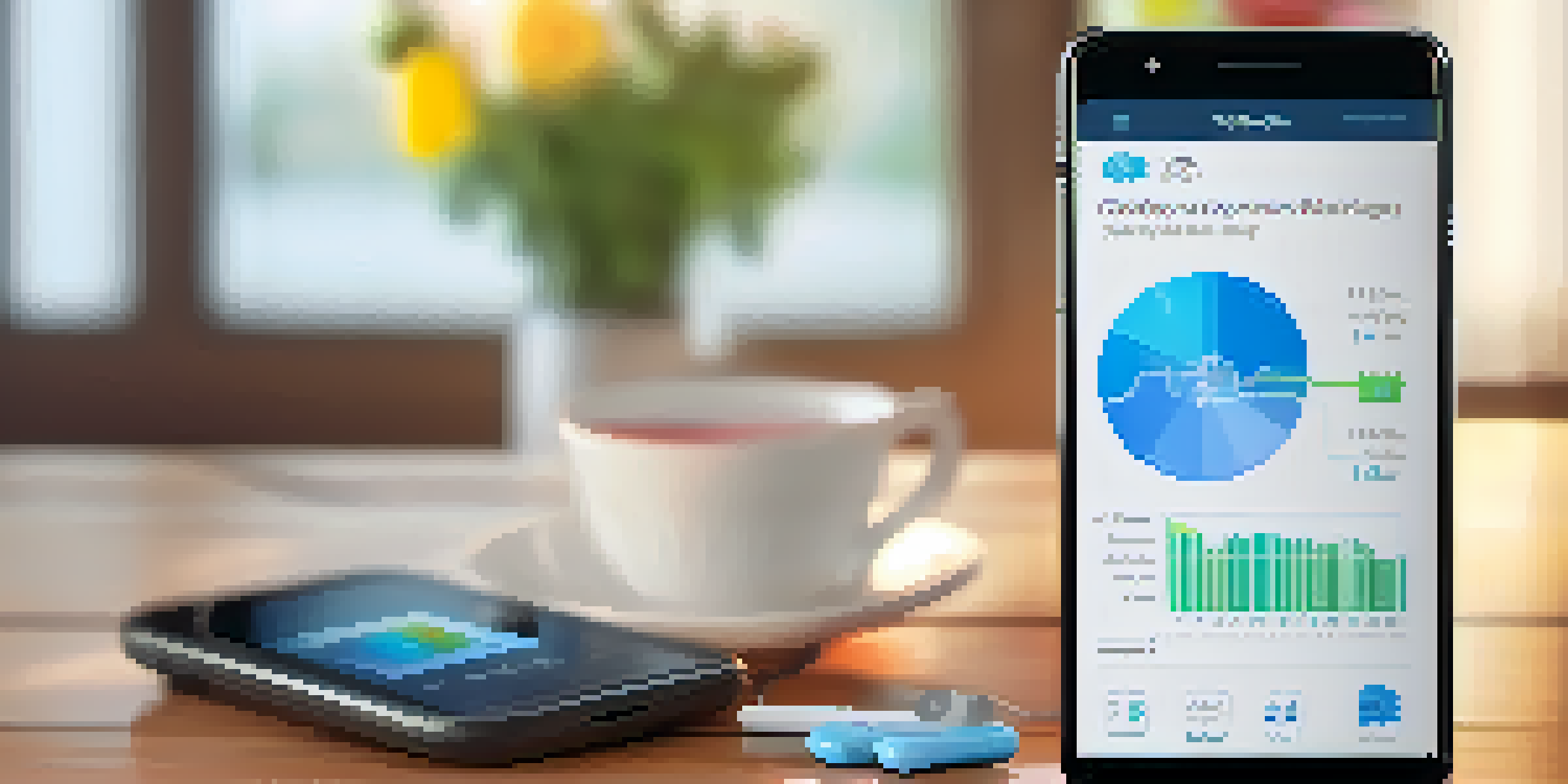 A smartphone screen showing a diabetes management app with colorful graphs, set in a cozy home environment with natural light.
