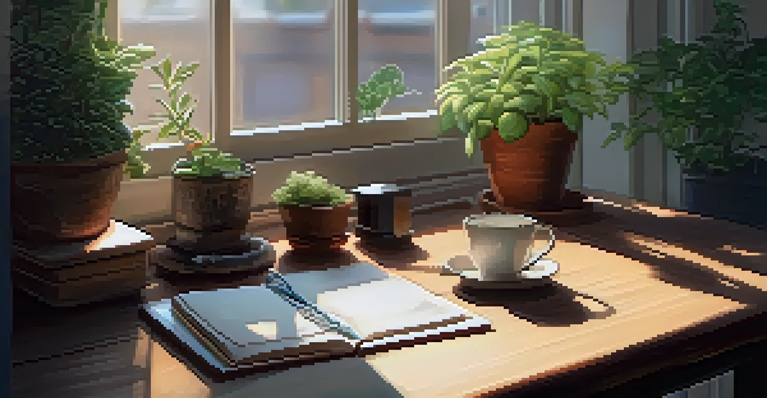 A cozy workspace with a journal, cup of tea, and a potted plant, illuminated by natural sunlight.