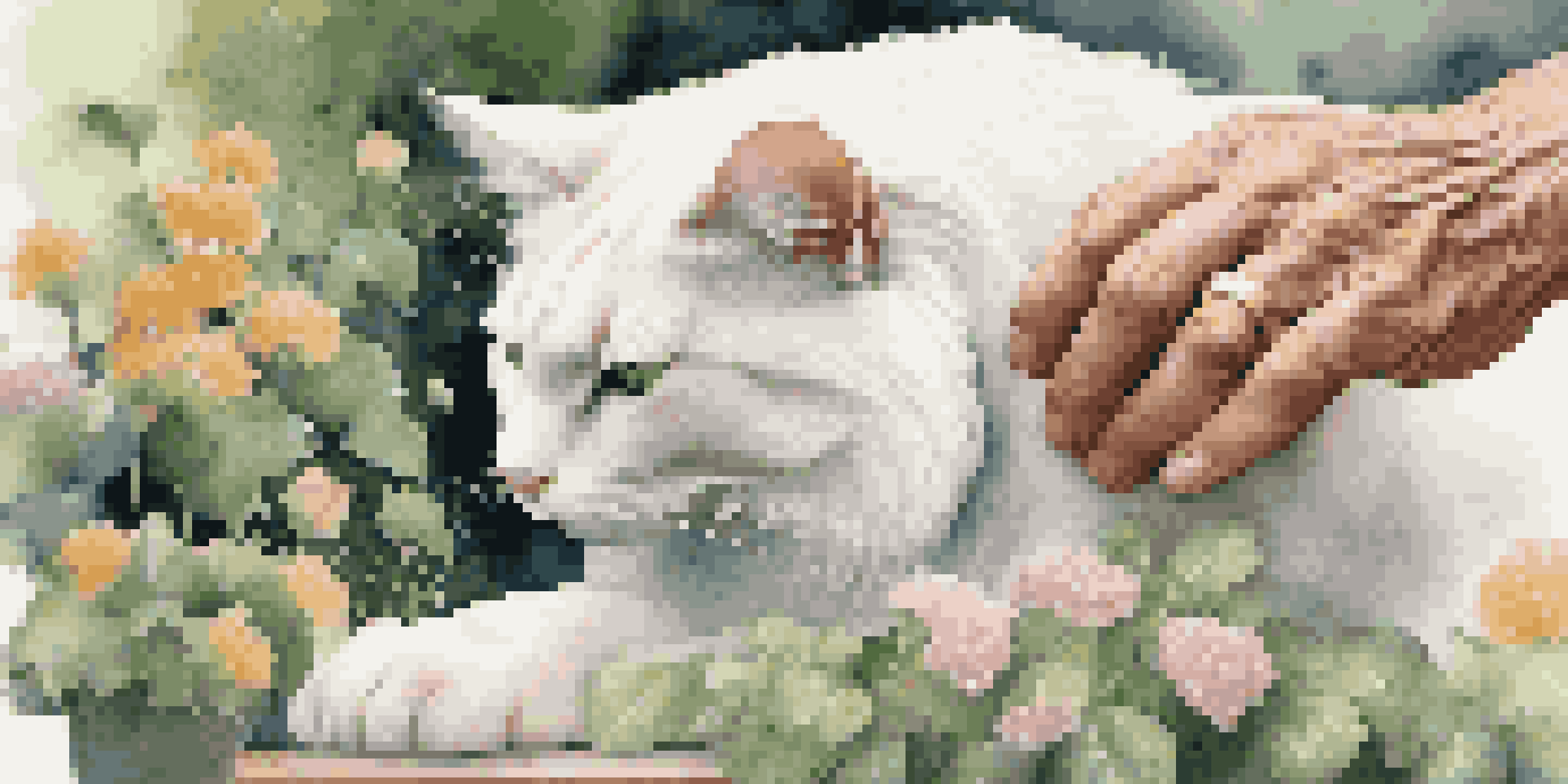A close-up of a senior man's hand petting a fluffy cat in a beautiful garden.