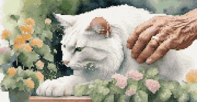 A close-up of a senior man's hand petting a fluffy cat in a beautiful garden.