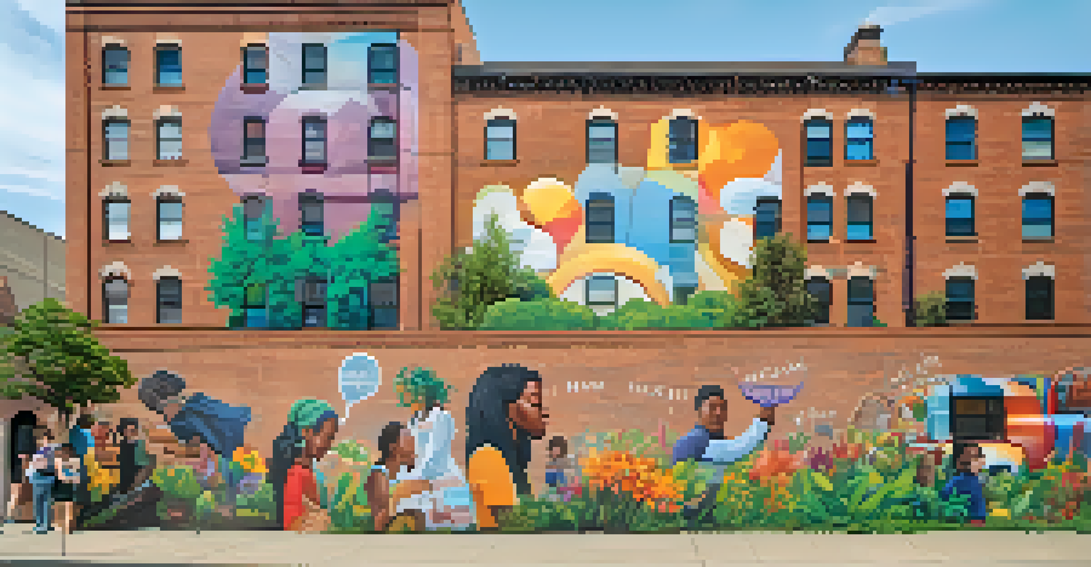 A colorful mural on a city wall showcasing mental health awareness and community support themes, featuring diverse individuals and positive affirmations.