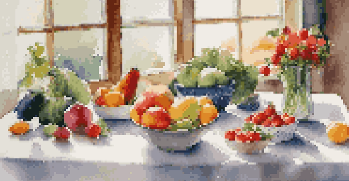 A dining table with an array of fresh fruits and vegetables under soft natural light, creating a peaceful dining atmosphere.