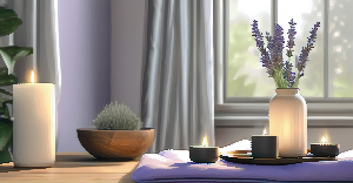 A peaceful home setting featuring an essential oil diffuser with lavender and candles, illuminated by soft morning light.