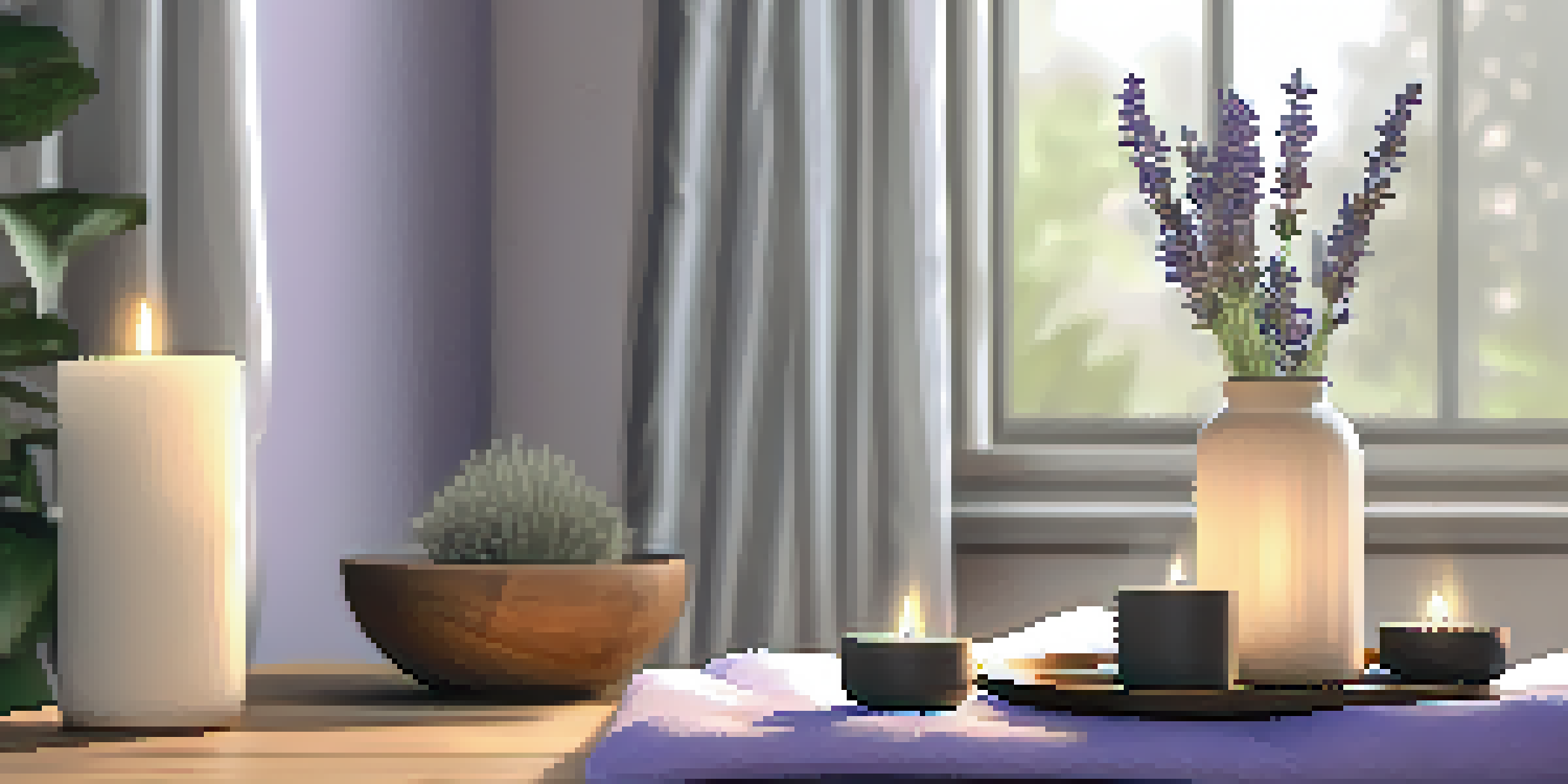 A peaceful home setting featuring an essential oil diffuser with lavender and candles, illuminated by soft morning light.