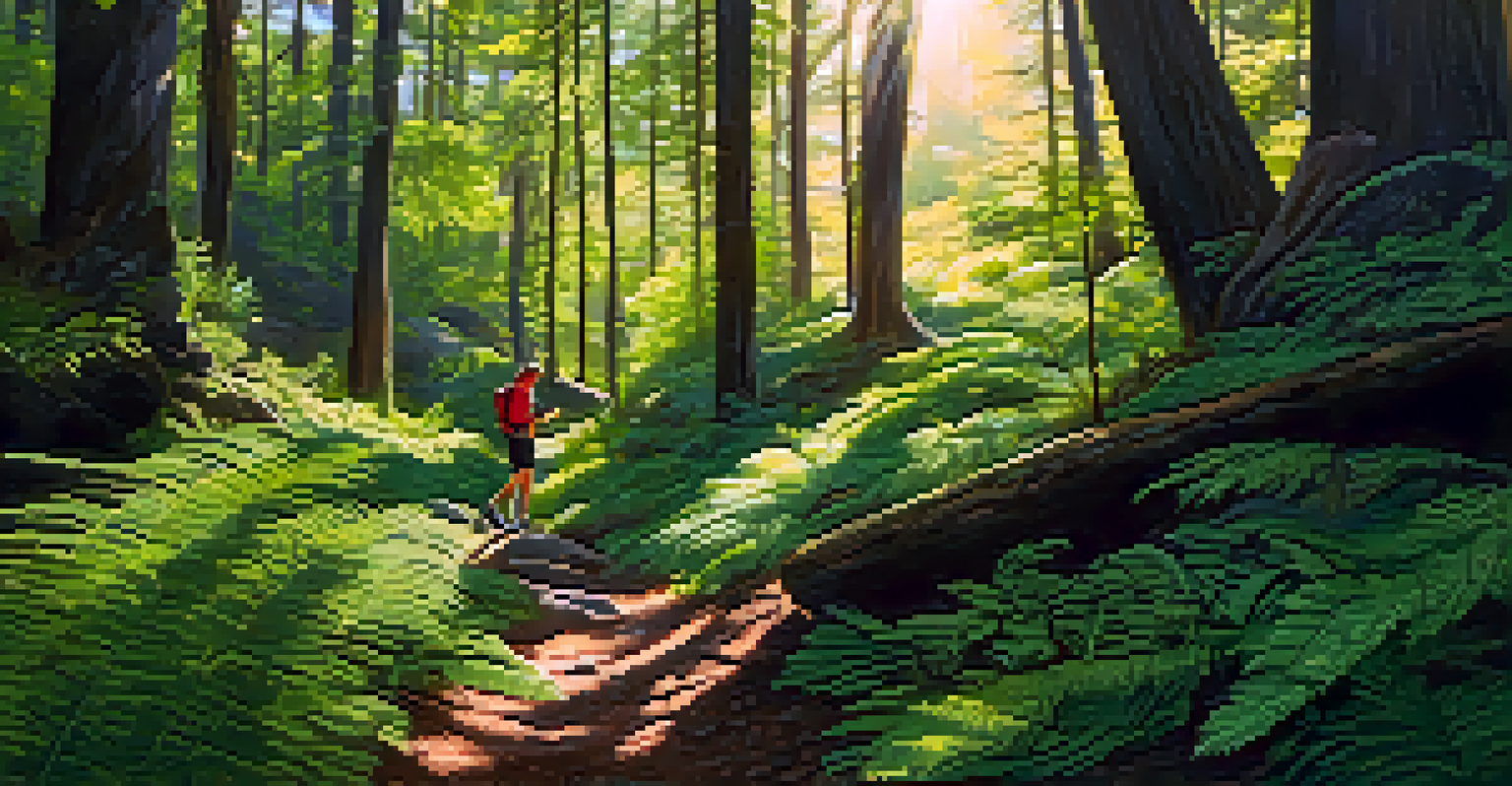 A hiker resting on a forest trail, drinking from a reusable water bottle, with a pack of electrolyte tablets nearby.