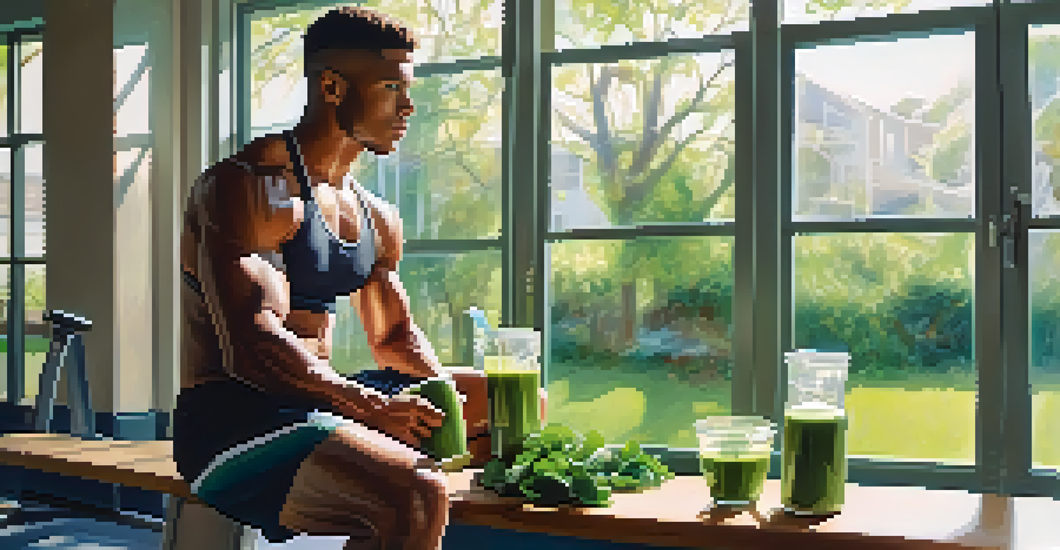 An athlete enjoying a green smoothie in a gym, with fitness equipment around.