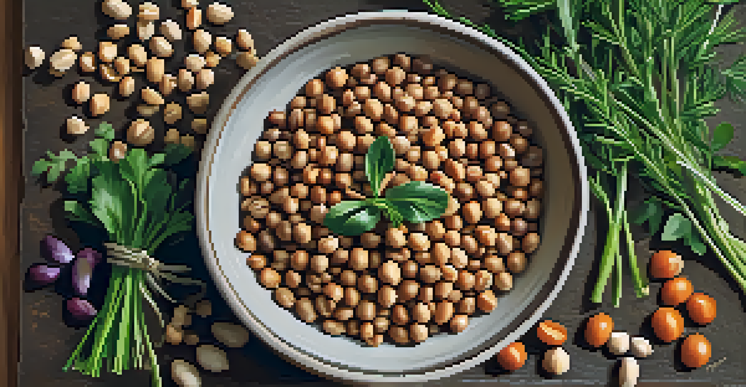 A close-up of a bowl of assorted legumes with fresh herbs in a rustic setting, softly lit to highlight the textures.
