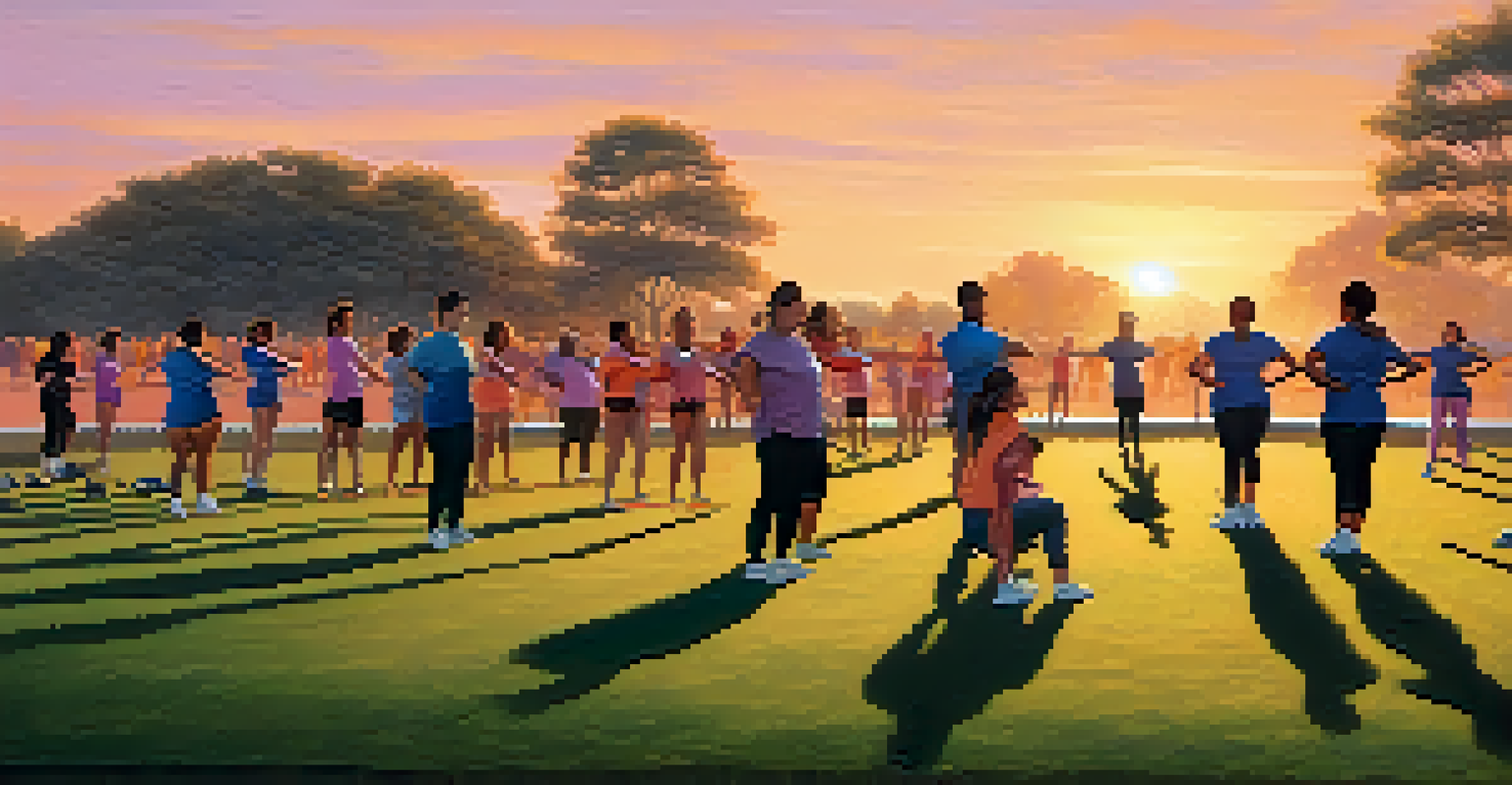 A group of diverse shift workers participating in a fitness class outdoors at sunset, with a colorful sky and green grass.