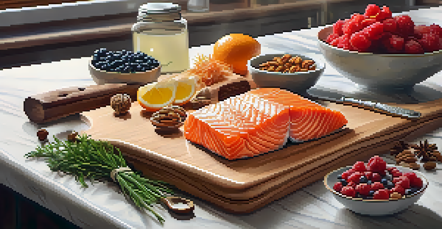 A kitchen counter with salmon, berries, and walnuts arranged on a cutting board, surrounded by herbs.