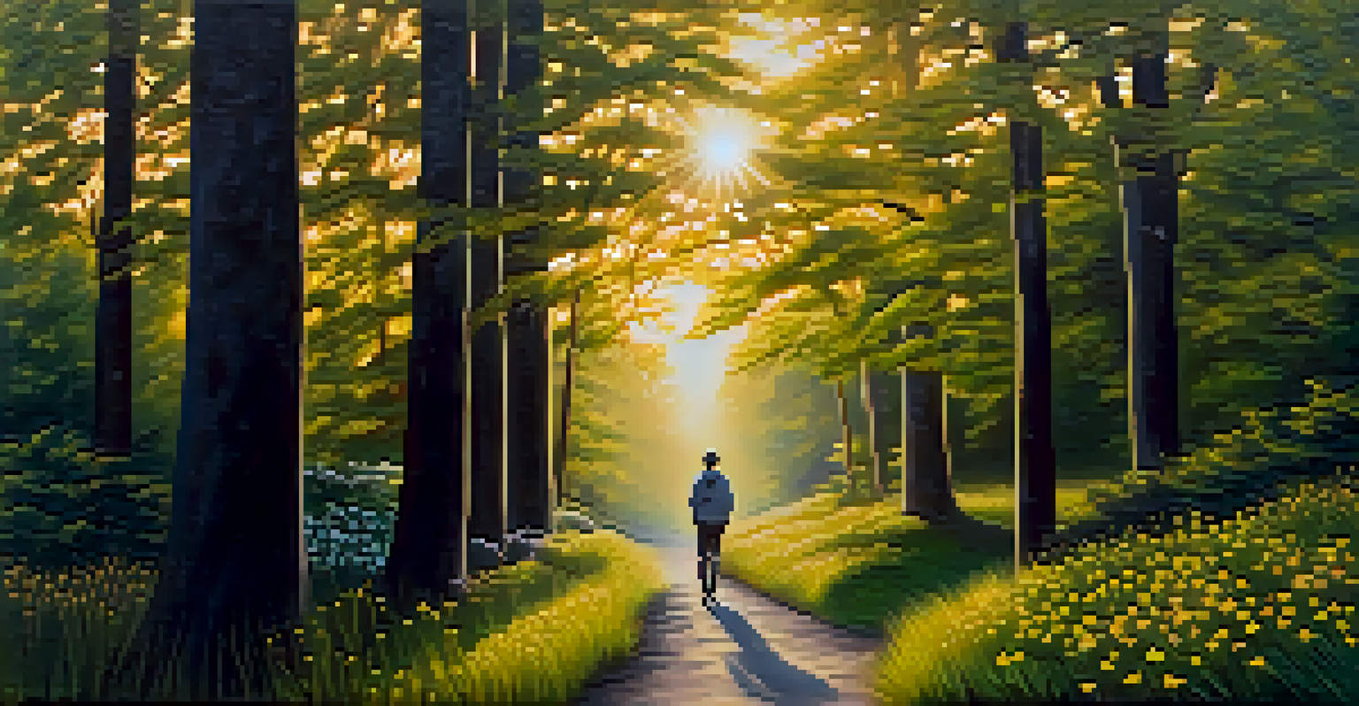 A person walking on a scenic path in nature during sunset, surrounded by flowers and trees, symbolizing empowerment.