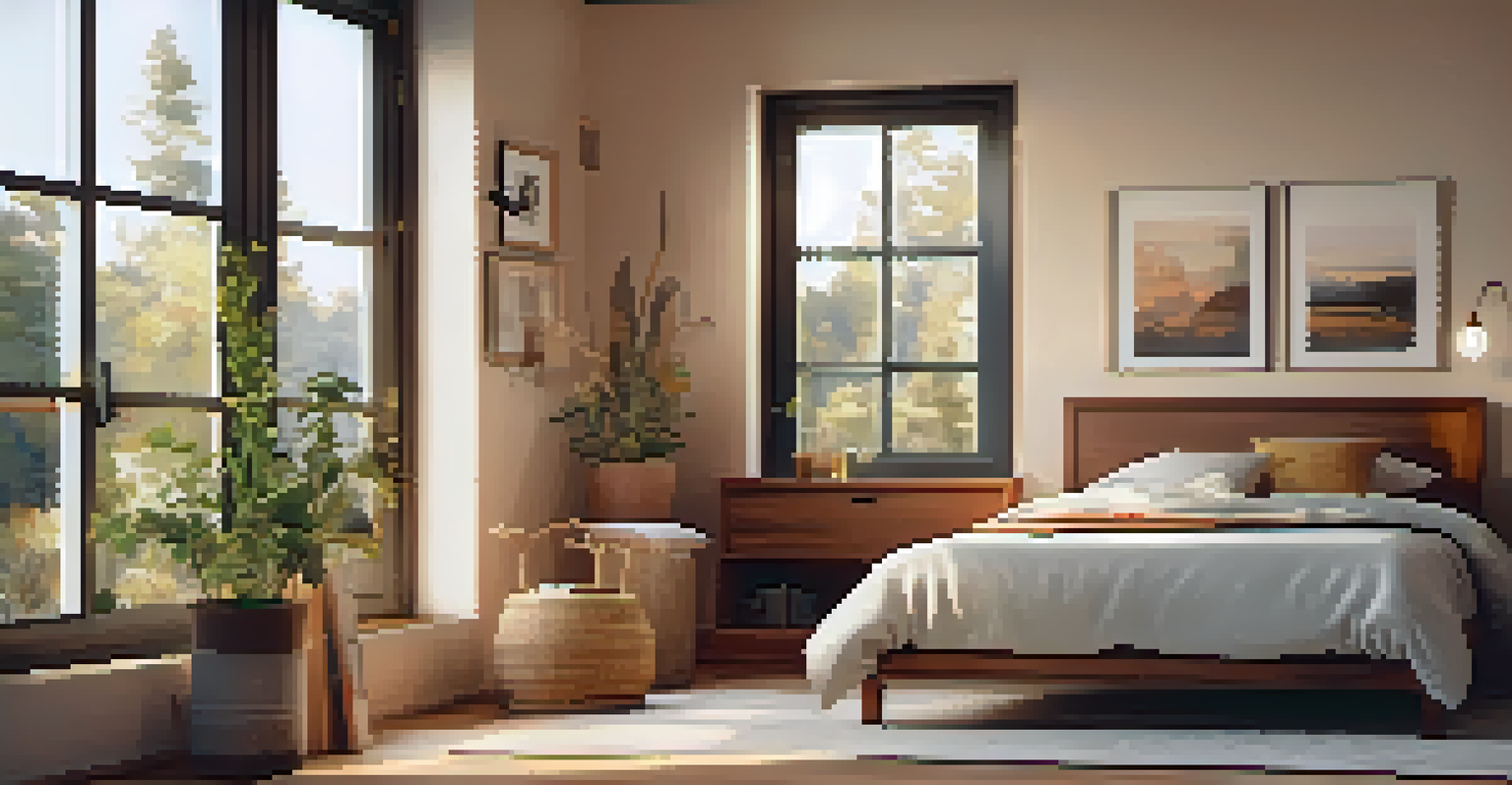 A cozy bedroom with a bed and a bedside table, illuminated by warm light, creating a peaceful sleep environment.
