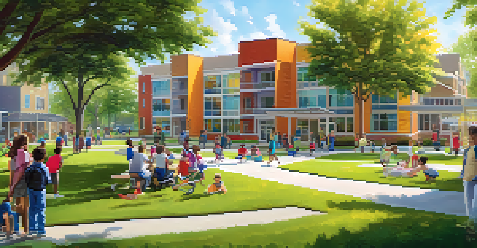 A low-income neighborhood with a new community health center and children playing in a park on a sunny day.