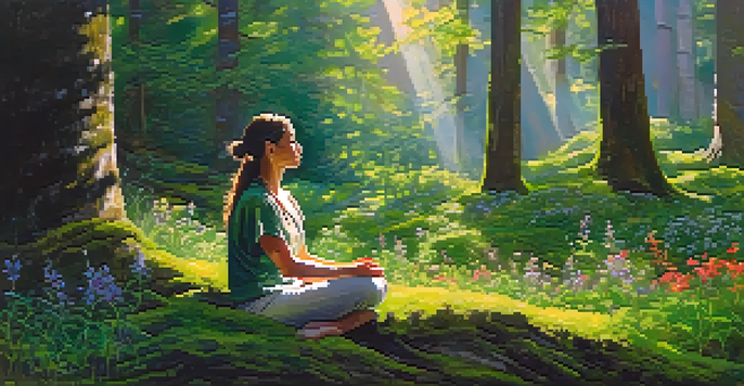 A person meditating in a sunlit forest, sitting on moss with a peaceful expression and surrounded by greenery and flowers.