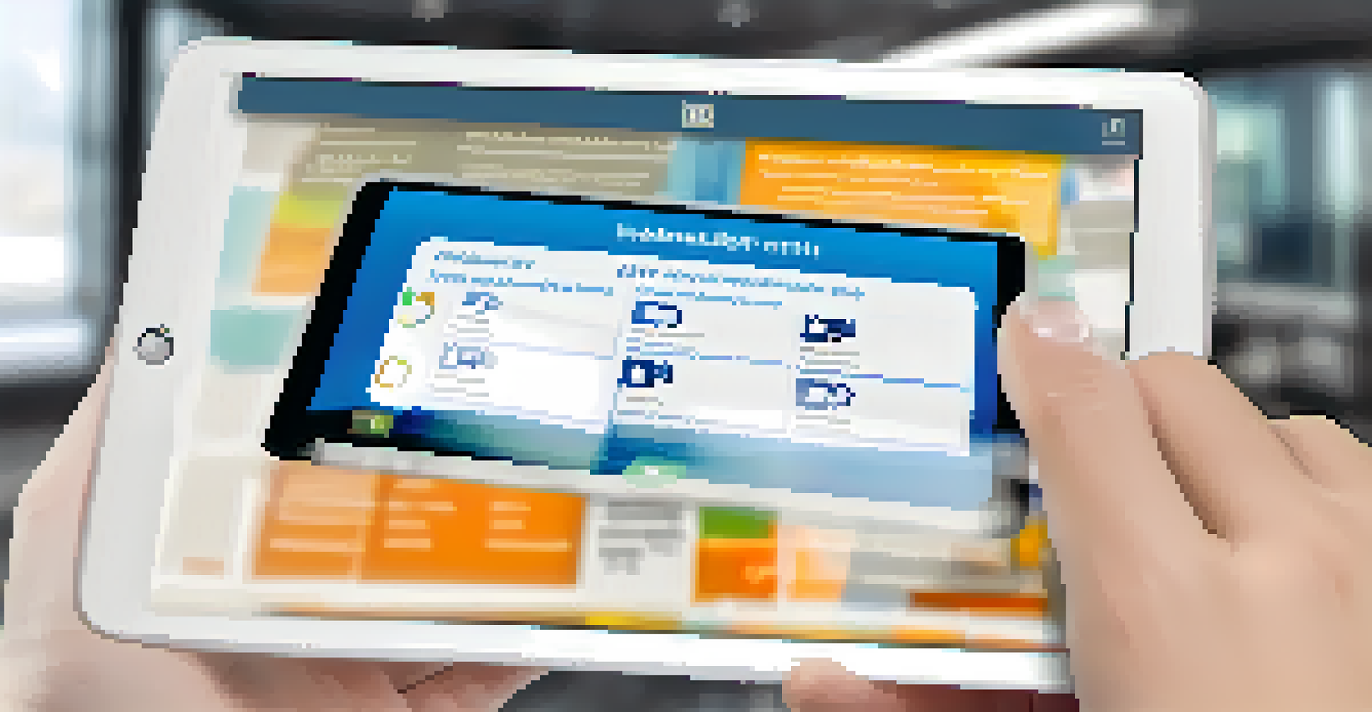 Close-up of hands holding a tablet with a crisis intervention app displayed, set in a modern office environment.