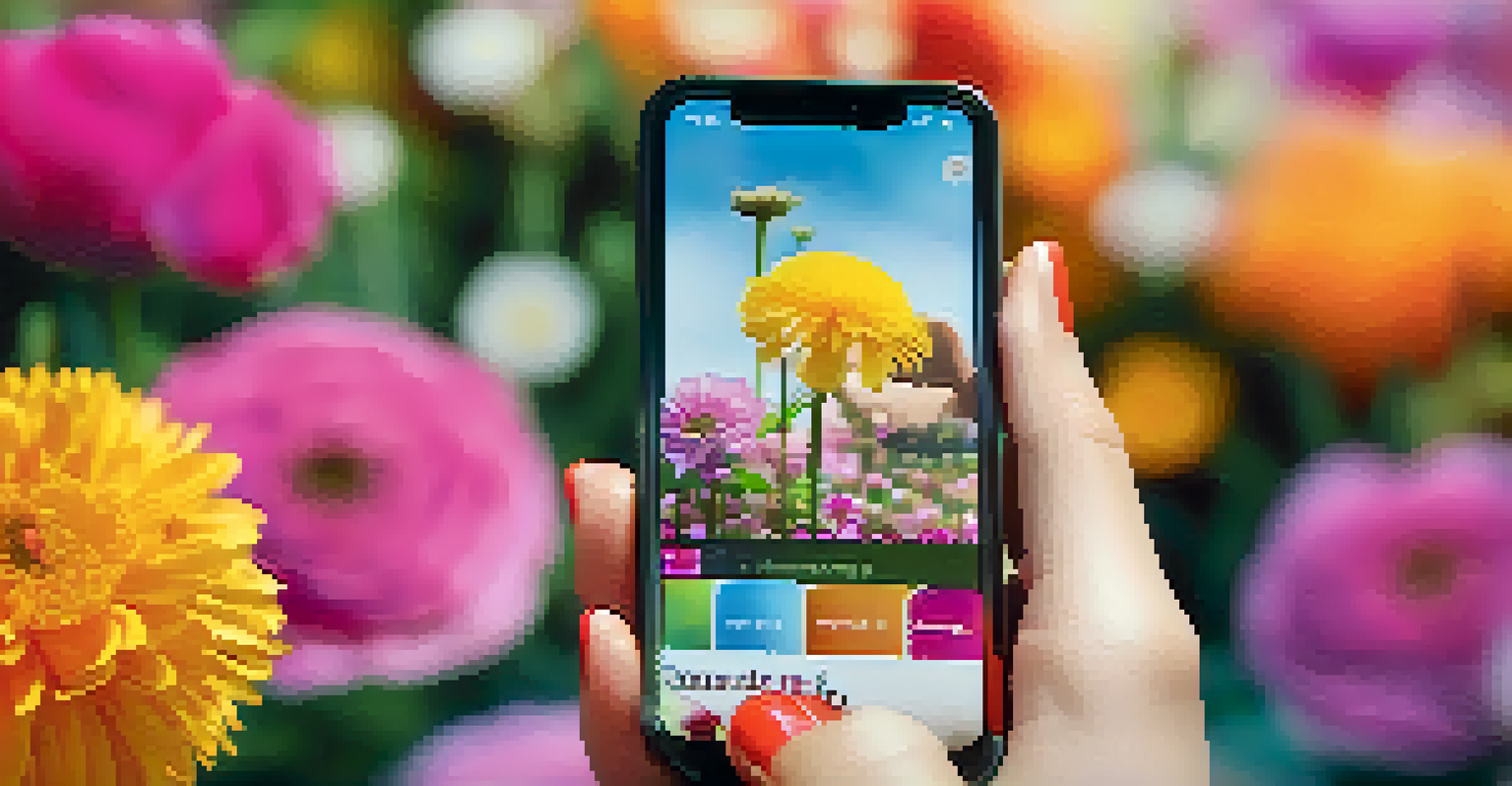 A close-up of a woman's hand holding a smartphone with a wellness app against a backdrop of colorful flowers.