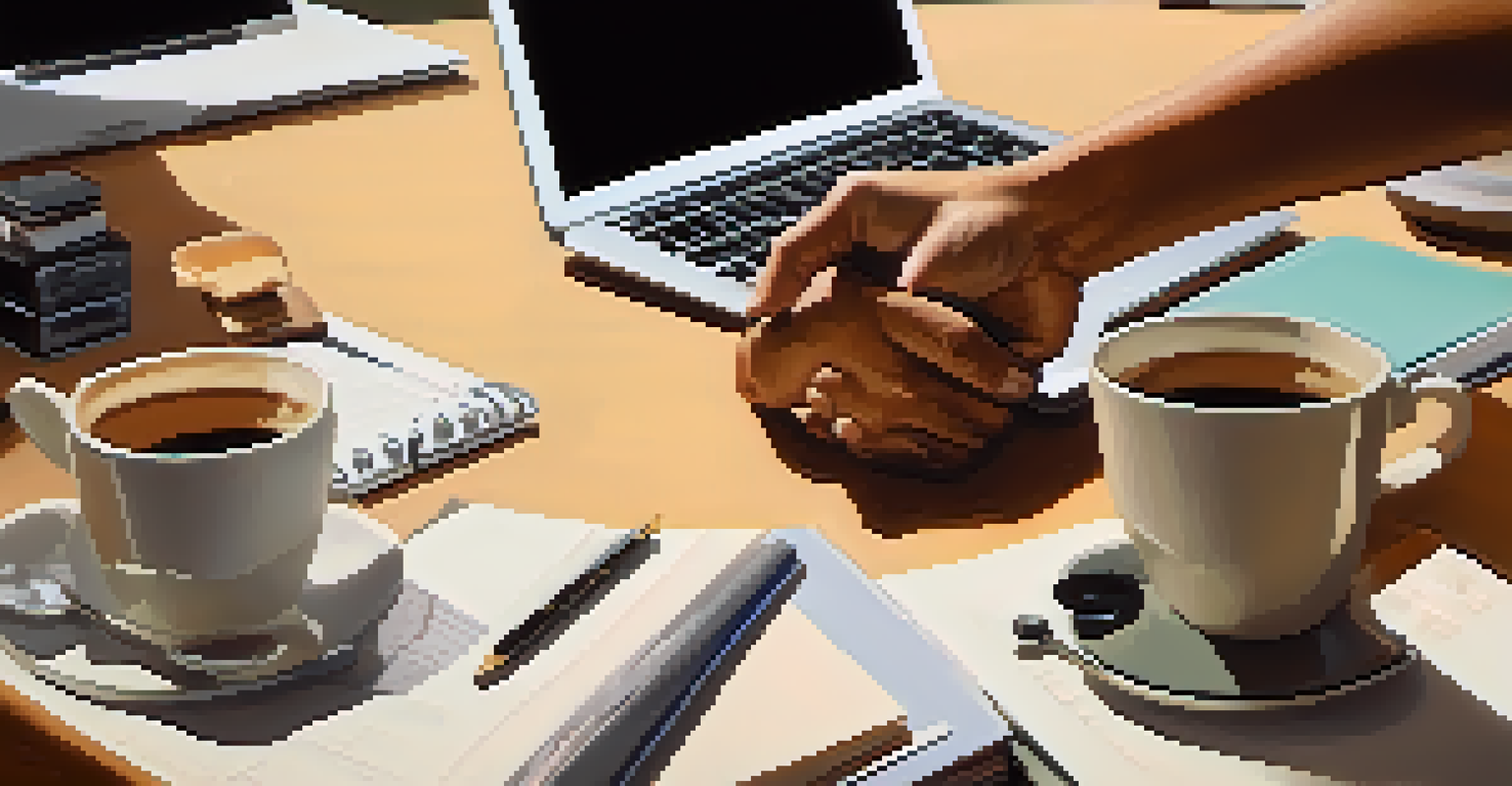 A close-up of a handshake over a messy desk filled with coffee cups and notebooks, representing trust and communication in the workplace.
