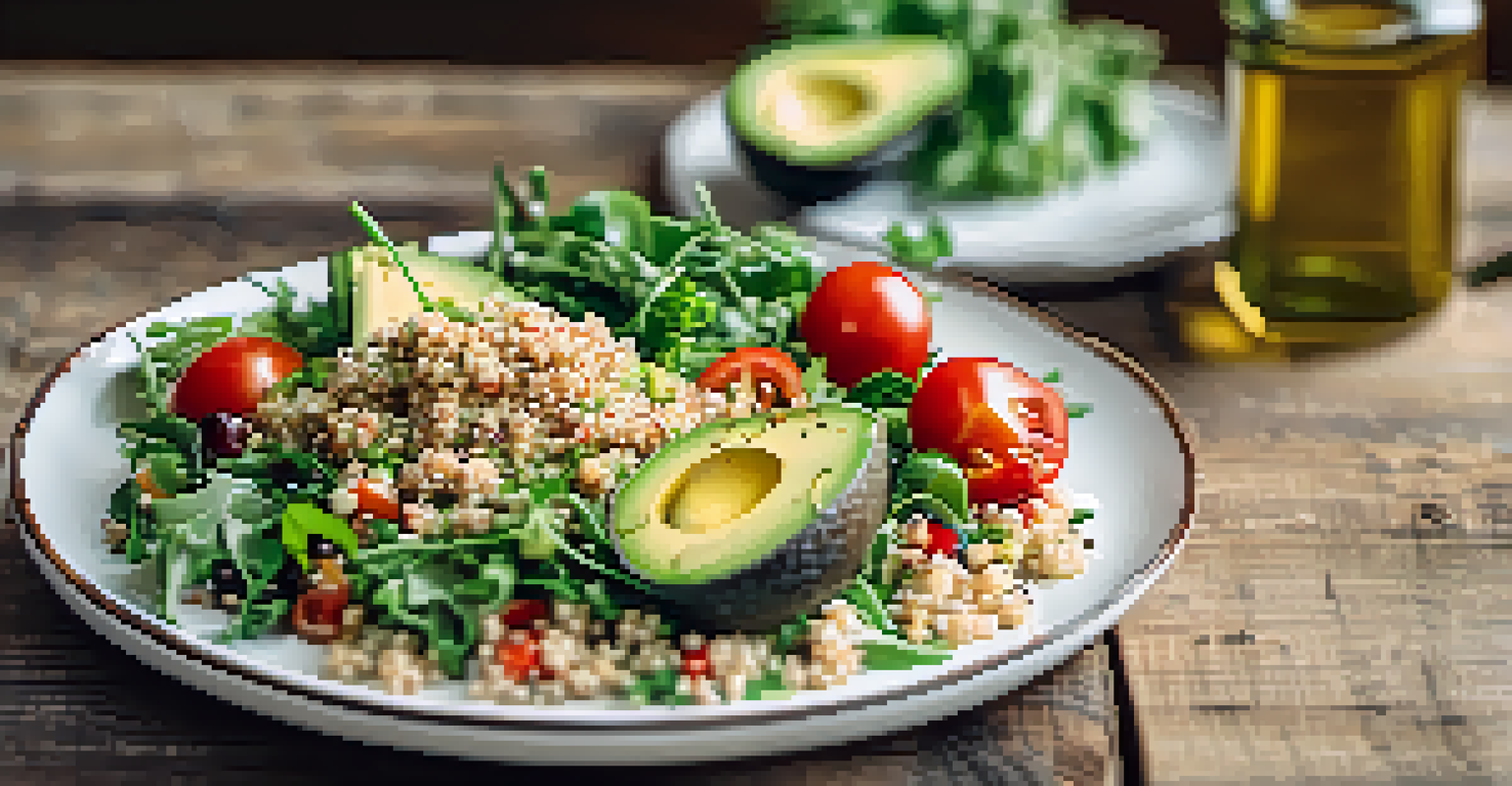 A healthy plate of quinoa salad with greens, cherry tomatoes, and avocado on a rustic wooden table, illuminated by natural light.
