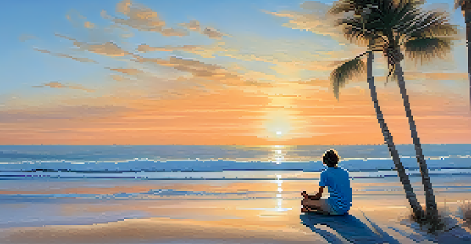 A person meditating on a serene beach at sunset, surrounded by gentle waves and palm trees.