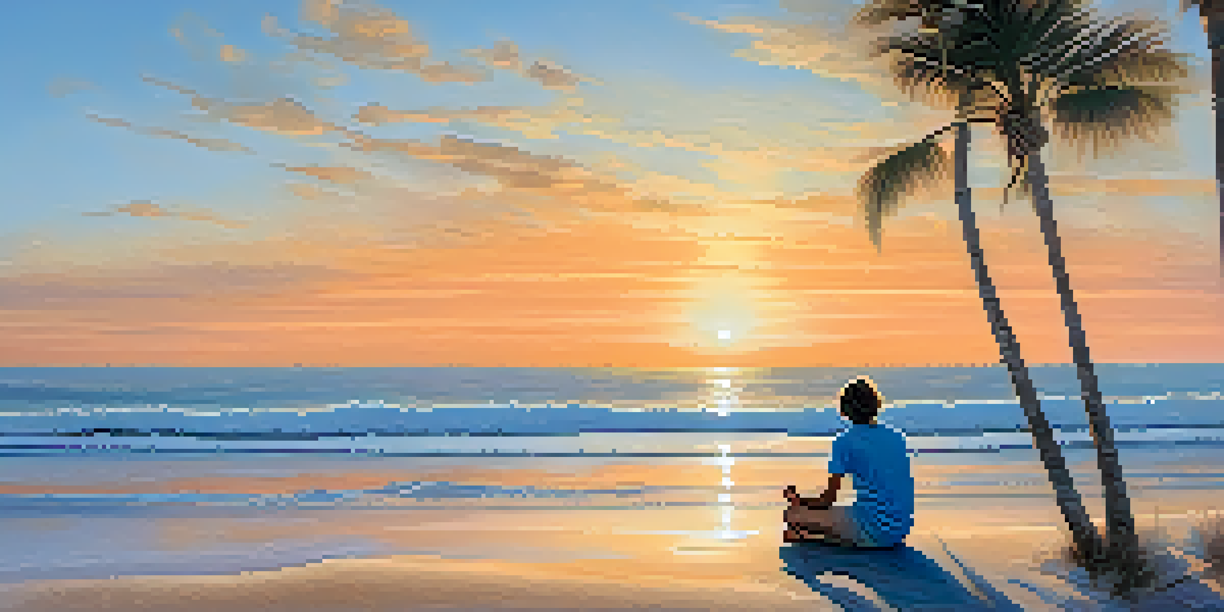 A person meditating on a serene beach at sunset, surrounded by gentle waves and palm trees.
