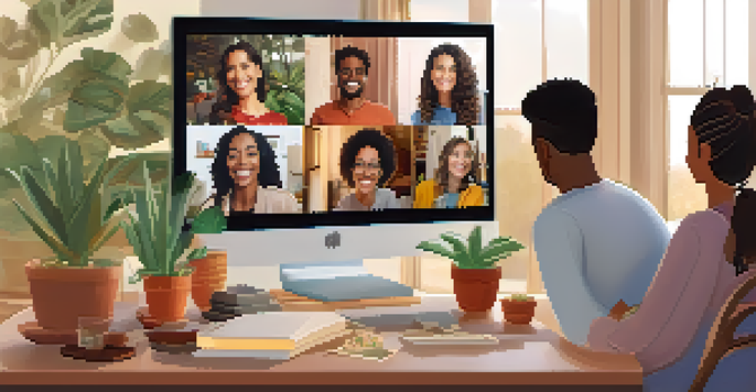 A group of friends enjoying a virtual gathering on a video call in a cozy living room.