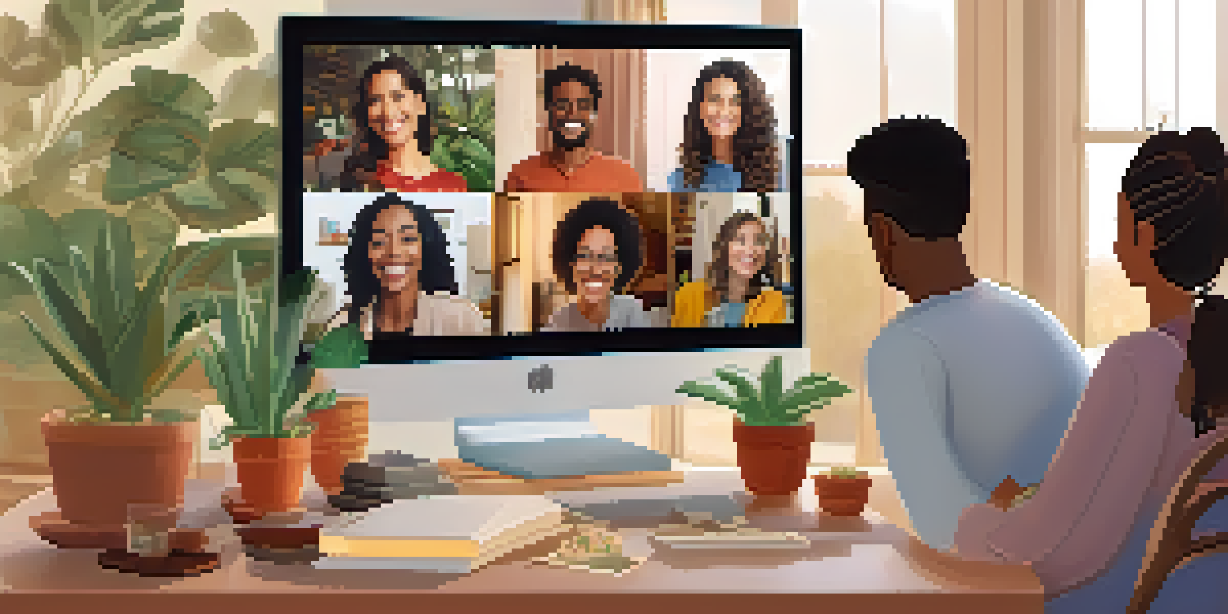 A group of friends enjoying a virtual gathering on a video call in a cozy living room.