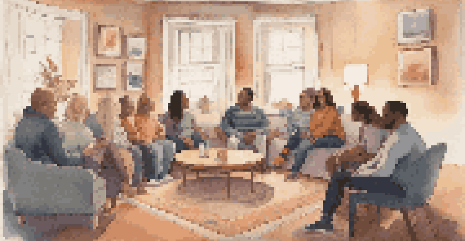 A cozy support group meeting with LGBTQ+ individuals sitting in a circle, sharing stories in a warmly lit room with comfortable seating.
