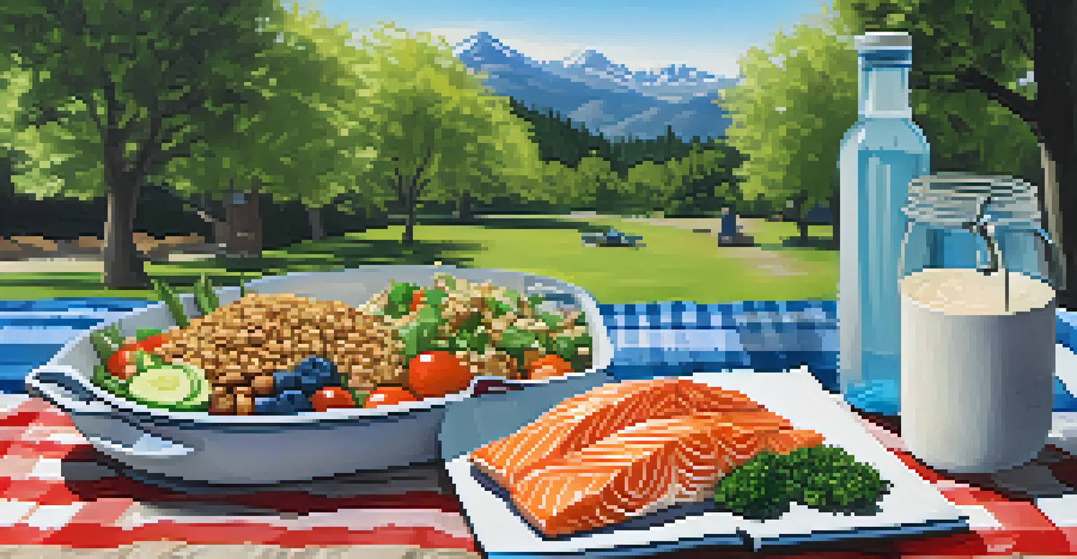 An outdoor picnic with a balanced meal on a checkered blanket, featuring grilled salmon and quinoa salad in a park setting.