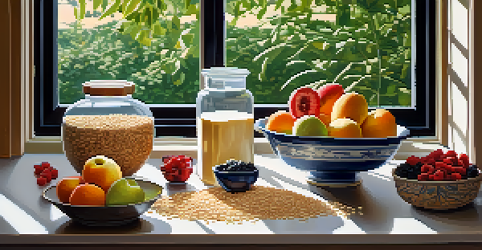 A warm kitchen scene with a wooden table displaying colorful fresh fruits, whole grains, and a bowl of oatmeal with berries, illuminated by morning sunlight.