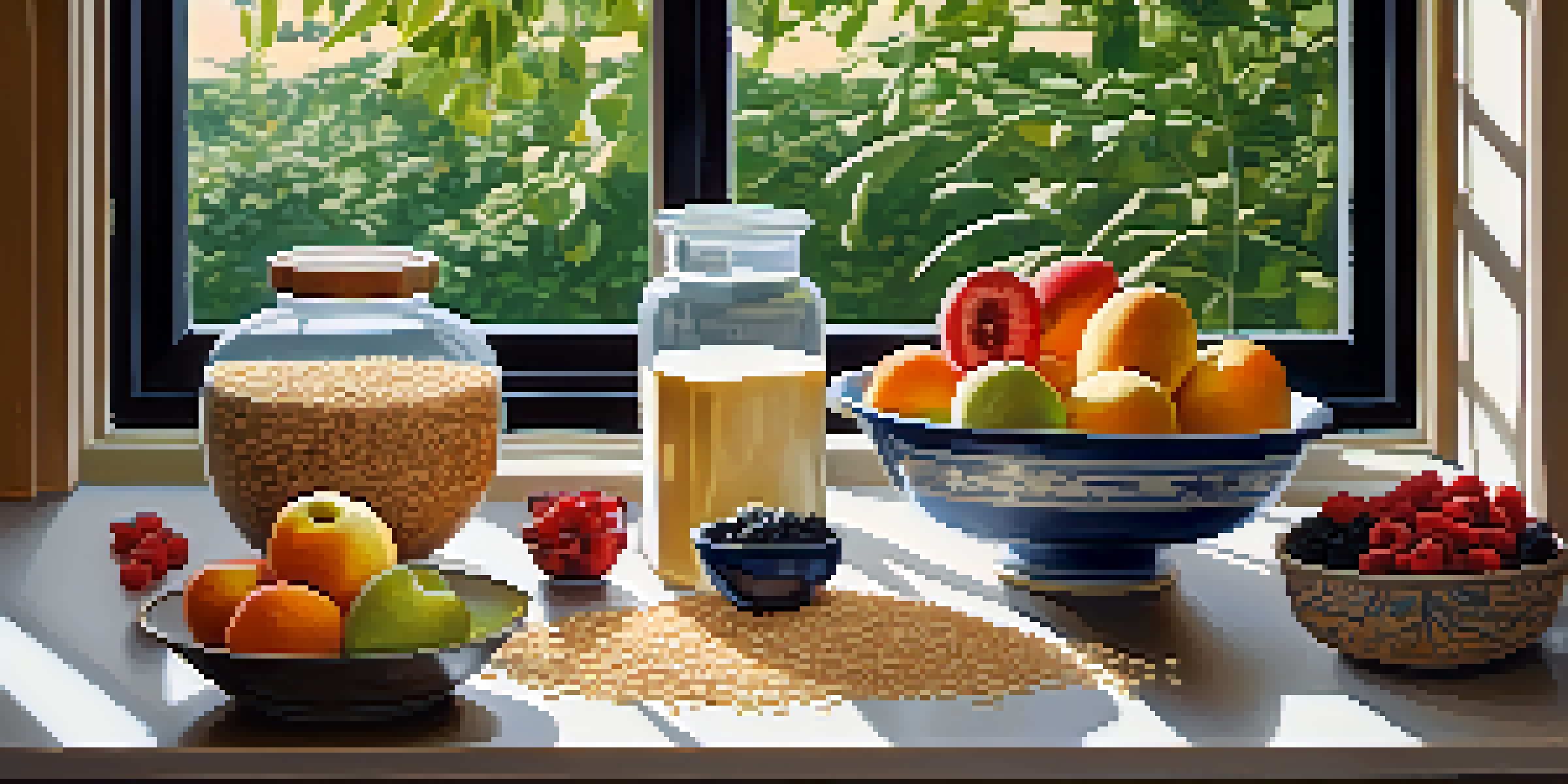 A warm kitchen scene with a wooden table displaying colorful fresh fruits, whole grains, and a bowl of oatmeal with berries, illuminated by morning sunlight.