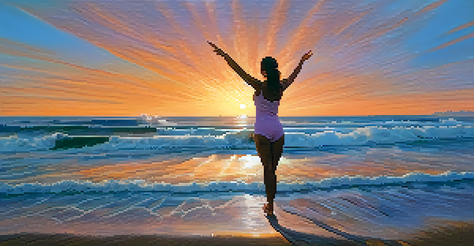 A woman practicing yoga on the beach at sunrise, surrounded by waves and vibrant colors in the sky.