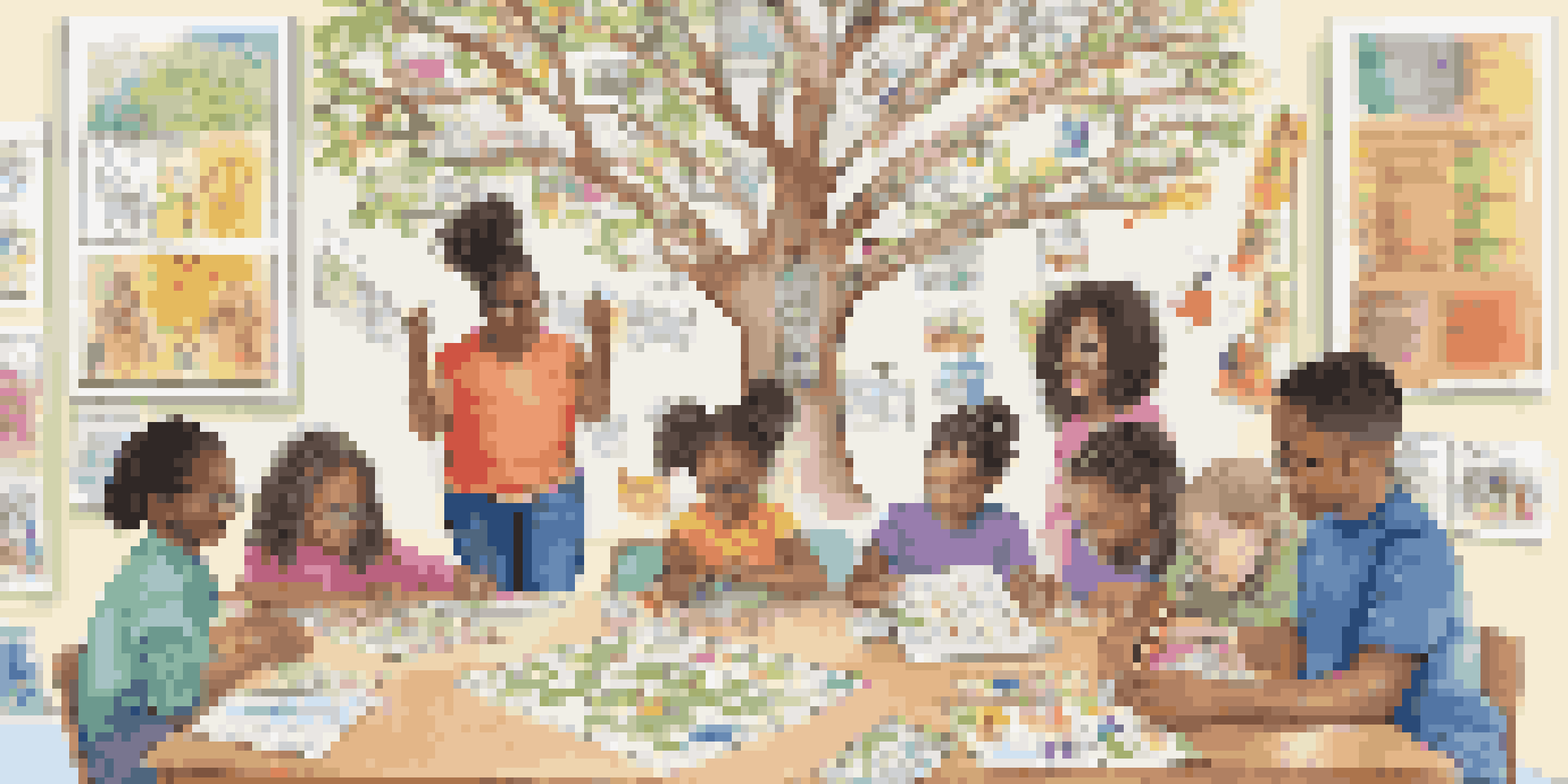 A diverse group of students in a classroom working on a colorful family health tree project, surrounded by educational materials.