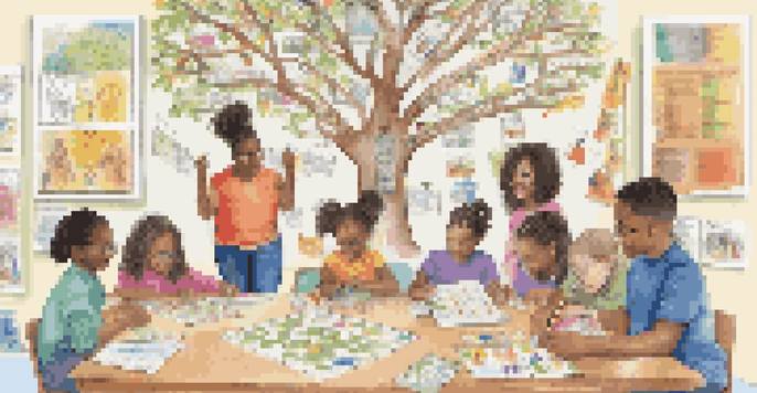 A diverse group of students in a classroom working on a colorful family health tree project, surrounded by educational materials.