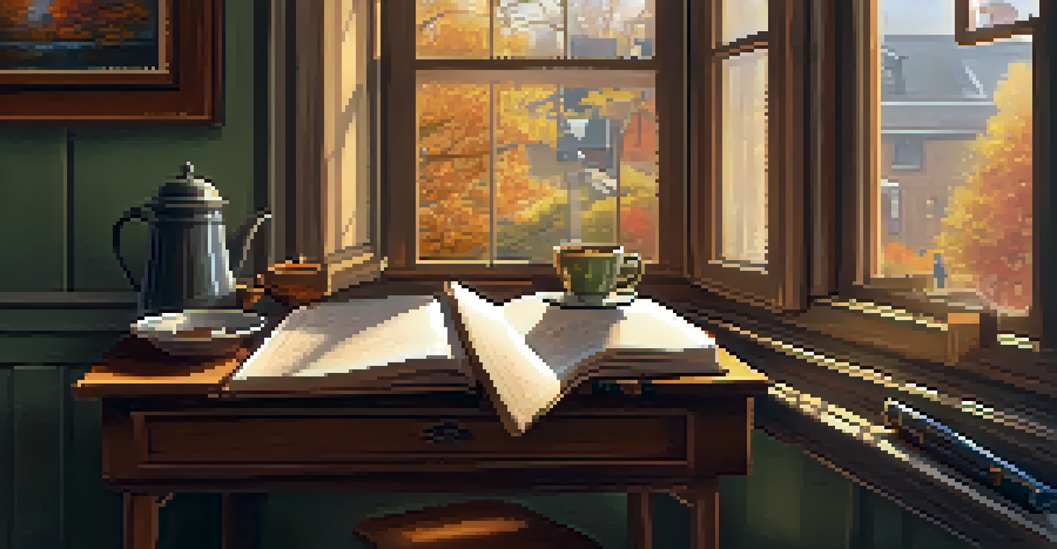 A cozy workspace featuring a wooden desk with a journal, pen, and a steaming cup of tea, illuminated by warm light.