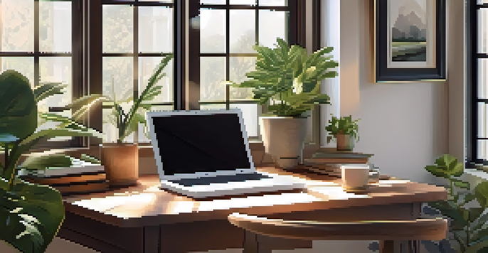 A cozy home office with a desk, laptop, indoor plants, and warm sunlight.