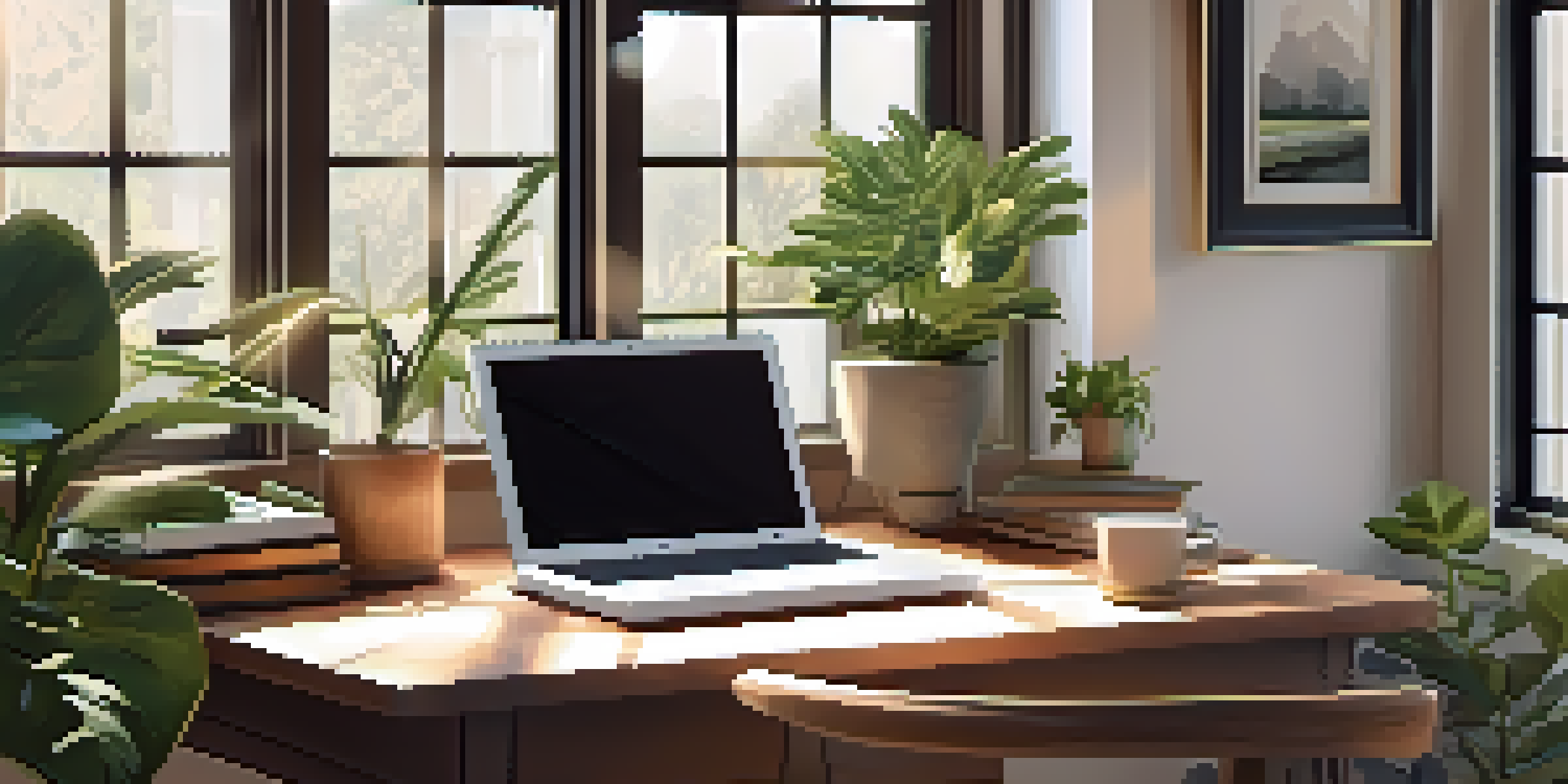 A cozy home office with a desk, laptop, indoor plants, and warm sunlight.