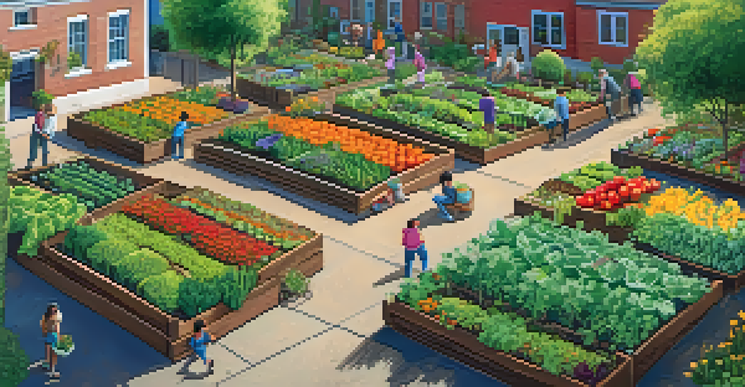 An overhead view of a vibrant community garden with colorful vegetable and flower plots, children tending to their gardens in a lively setting.