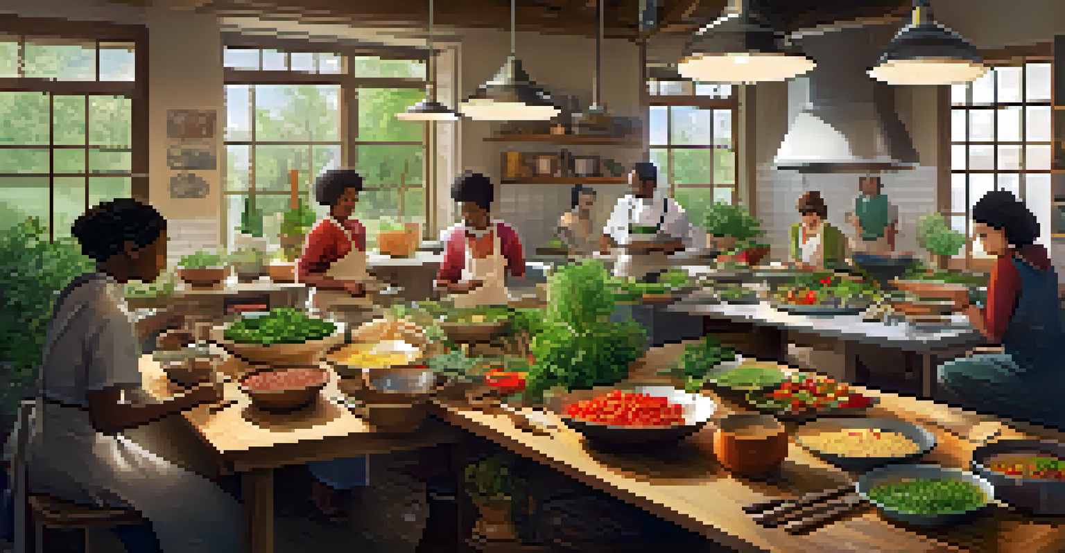 A cooking workshop with a diverse group of people preparing healthy meals, surrounded by colorful ingredients and warm lighting.