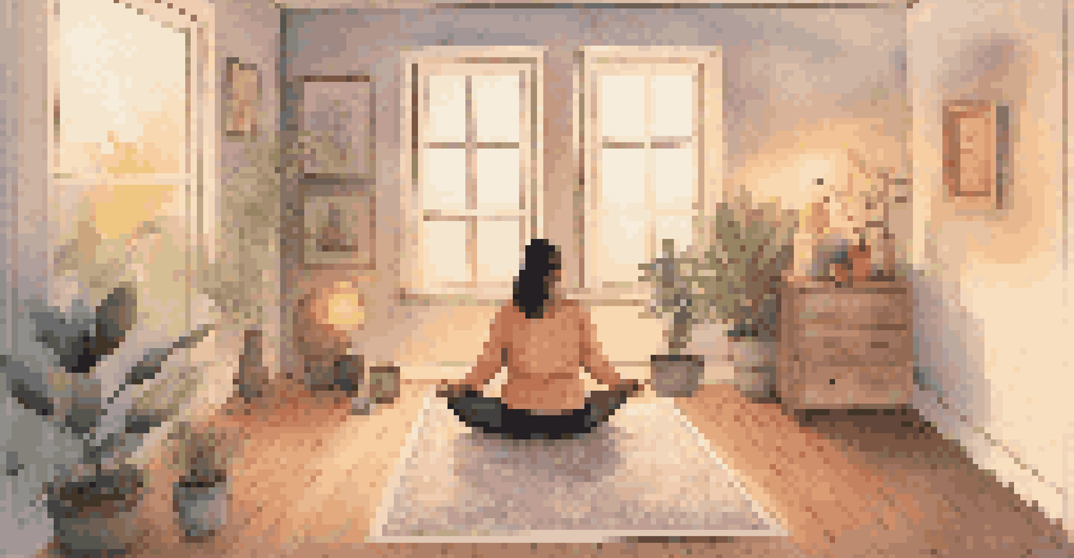 A cozy home yoga corner with a person practicing breath control, surrounded by soft lighting and calming decor.