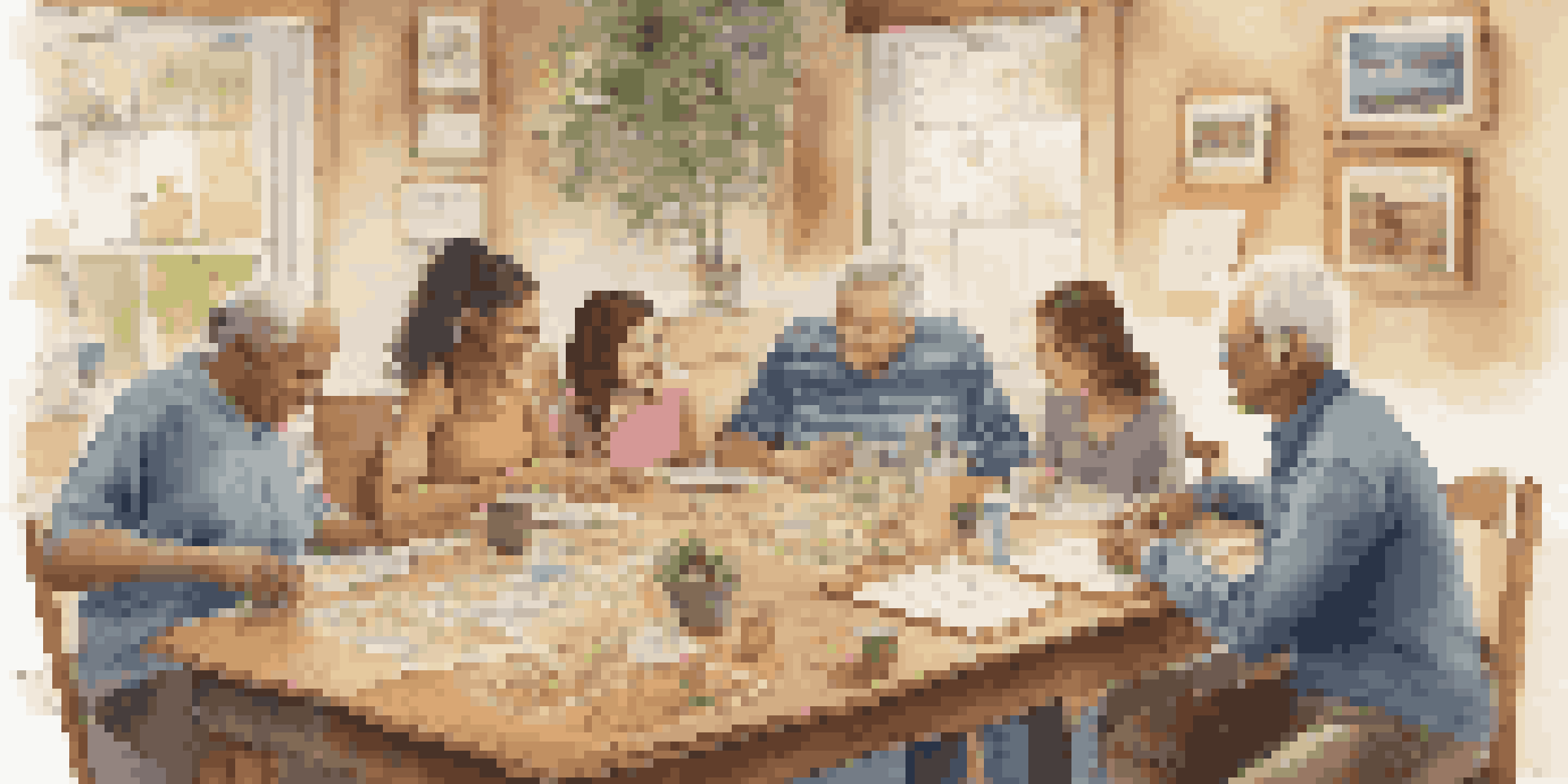 A family of various ages gathered around a table, discussing and documenting their health history, with warm lighting and family photos in the background.