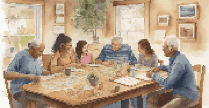 A family of various ages gathered around a table, discussing and documenting their health history, with warm lighting and family photos in the background.