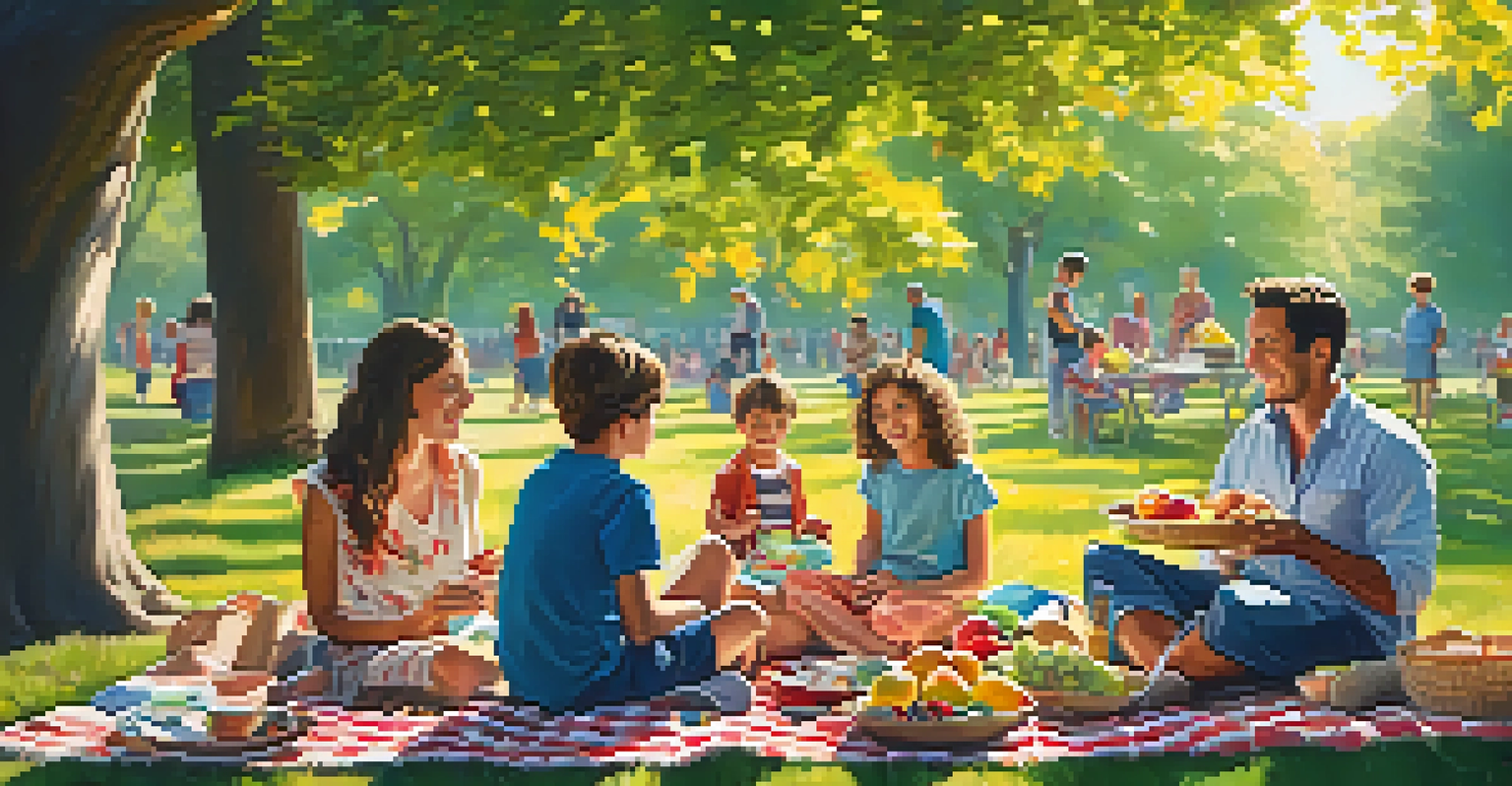 A family enjoying a picnic in a park, with parents talking and children playing, surrounded by a colorful spread of food.