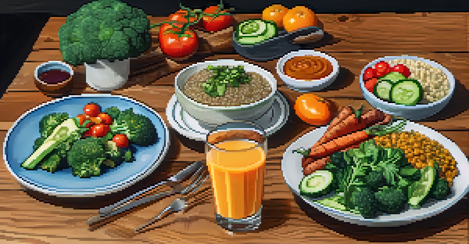 An artfully arranged vegan meal on a rustic table with colorful vegetables and quinoa salad.