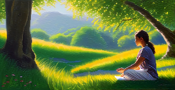 A person sitting cross-legged on a blanket in a green park, practicing mindfulness with flowers and trees around them.